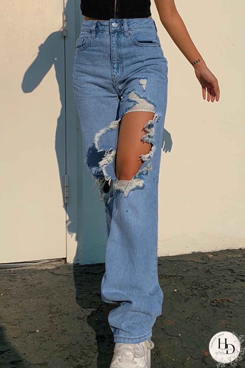 Blue Fashion Casual Solid Ripped High Waist Regular Jeans