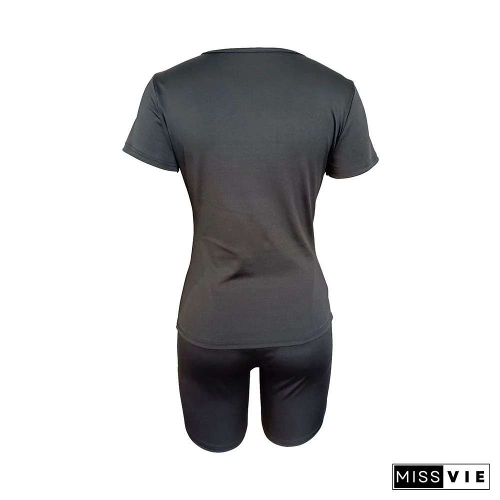 Casual O Neck T Shirt Biker Shorts Tracksuits