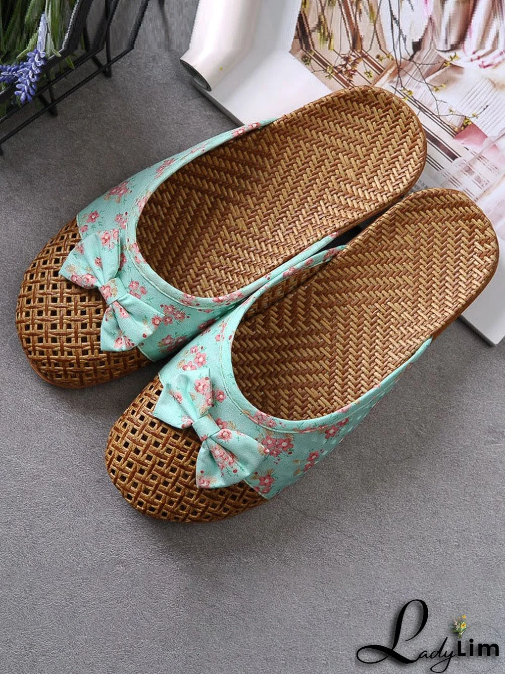 Floral Bowknot Splicing Linen Slippers