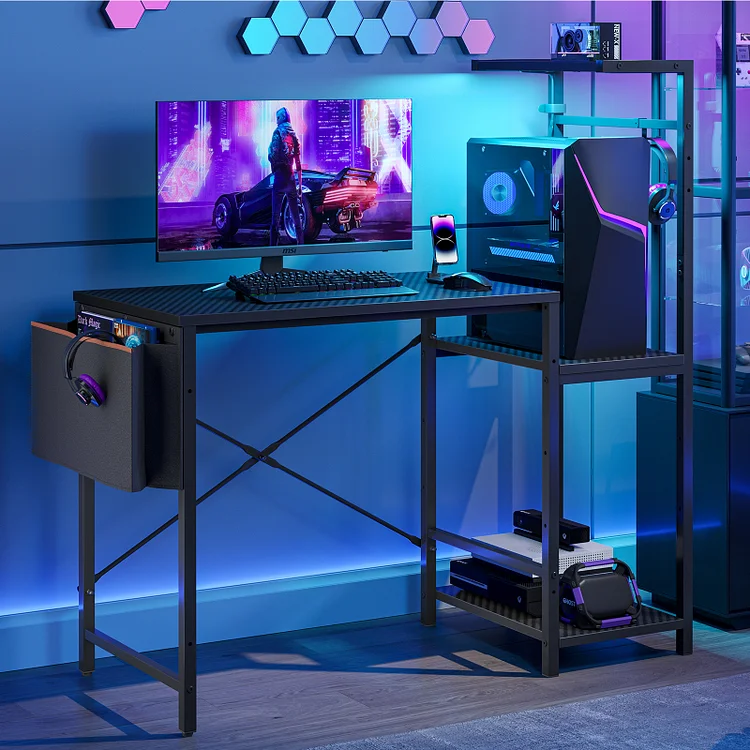 Bestier Gaming Desk with LED Lights, 44'' Computer Desk with Reversible Shelves, PC Gamer Desk with Side Storage Bag, Hooks and Height Adjustable Shelf for Home Office