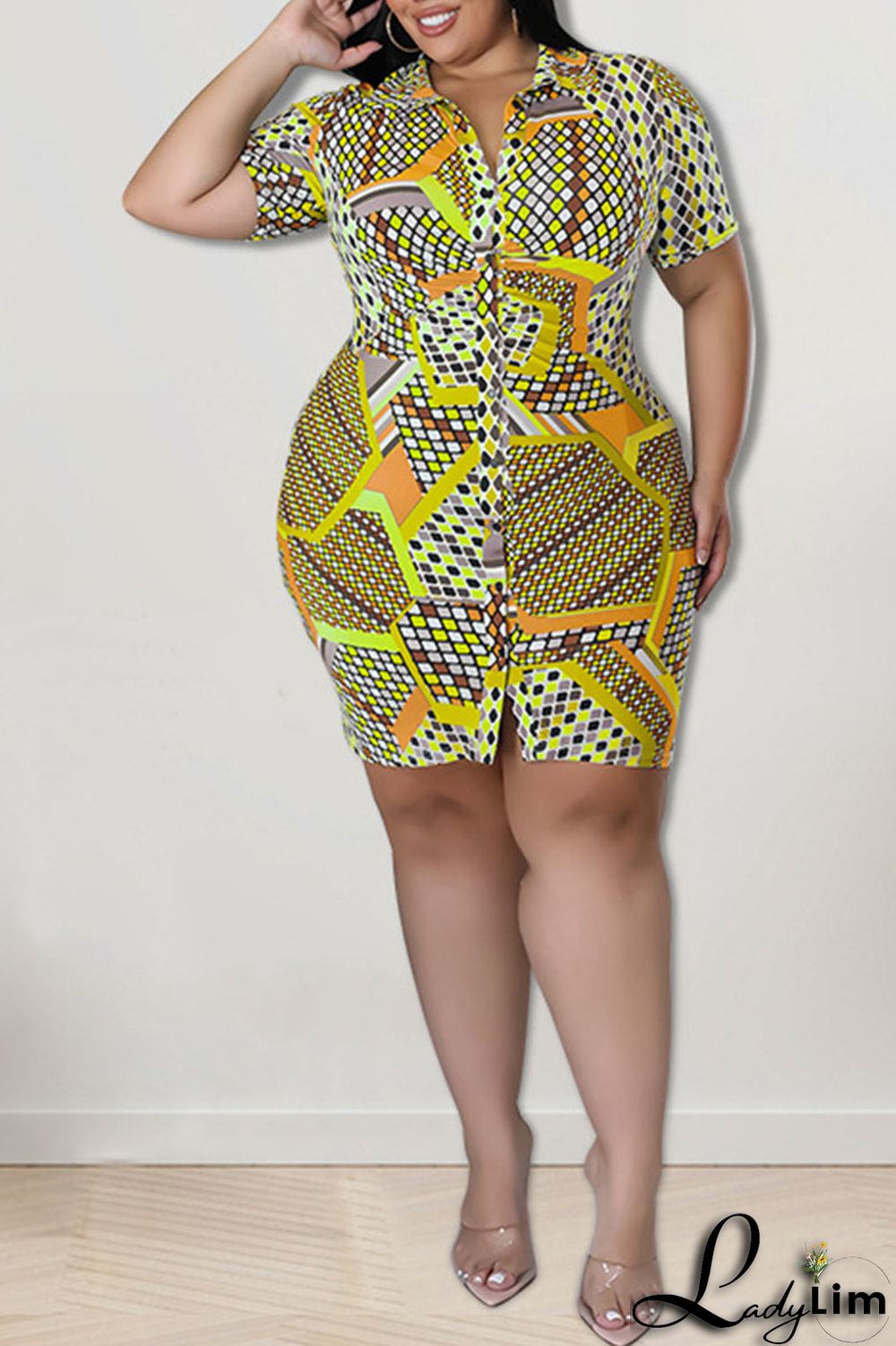 Blue Casual Print Patchwork Buckle Turndown Collar Shirt Dress Plus Size Dresses