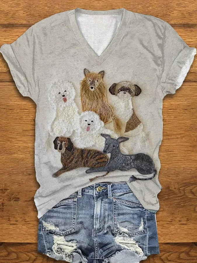 Women's Dog Art  Print V-Neck T-Shirt