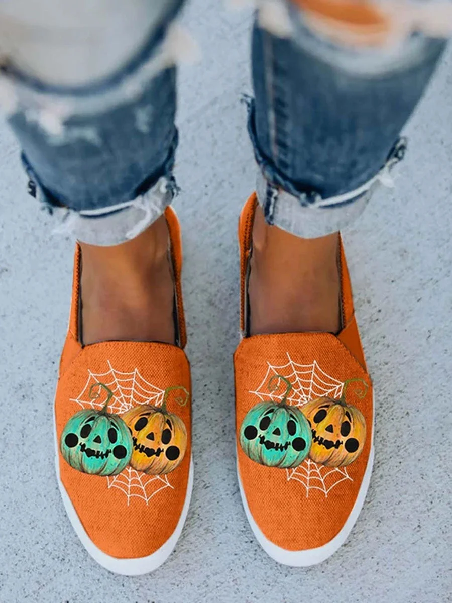 Pumpkin Print Canvas Slip On Sneakers