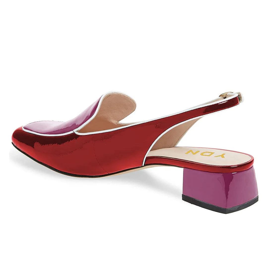Red & Purple Square Toe Chunky Heel Slingback Women's Loafers