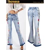 Women's Embroidery Elegant Slim Flared Jeans Long Pants 