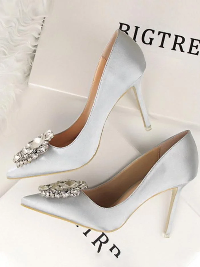 Sexy stiletto high heel shallow pointed toe rhinestone buckle single shoes