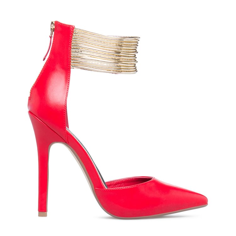 Coral Red Gold Ankle Strap Heels Pointed Toe Stiletto Heels Pumps |FSJ Shoes
