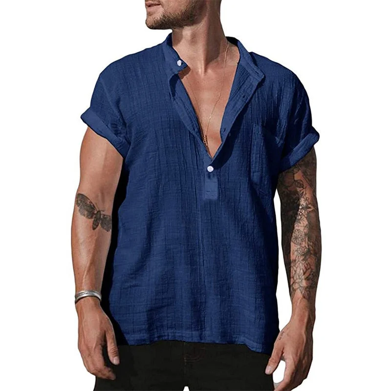 Aonga Men's Casual Cotton Linen Shirts Summer Tees Tops Short Sleeve Linen V Neck Collar Shirts Dark Blue Black Handsome Men Shirts