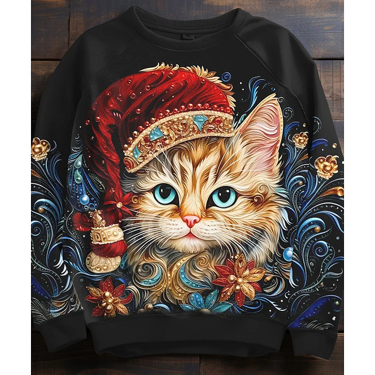 VChics Christmas Art Cat Crew Neck Sweatshirt