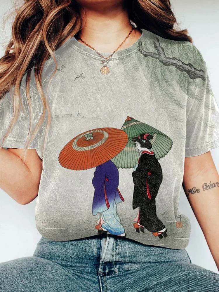 Ukiyo-e Kimono Umbrella Girl Drawing Short Sleeve Tshirt