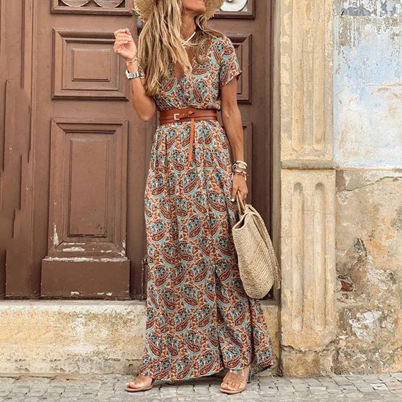 Autumn Dress 2021 Women New Fashionable Bohemian V-neck Floral Print Long Dress Female Short Sleeve Sexy High Split Maxi Dresses