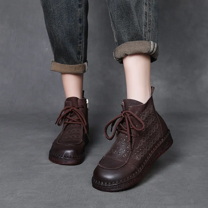 Yyvonne Layer Of Cowhair Retro Hollow High Help Cool Boots Women's Shoes 2025 New Comfortable Flat Bottoms