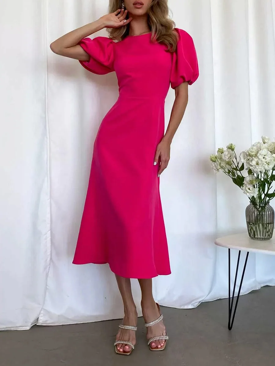 Simple High Waist Puff Sleeve Midi Dress