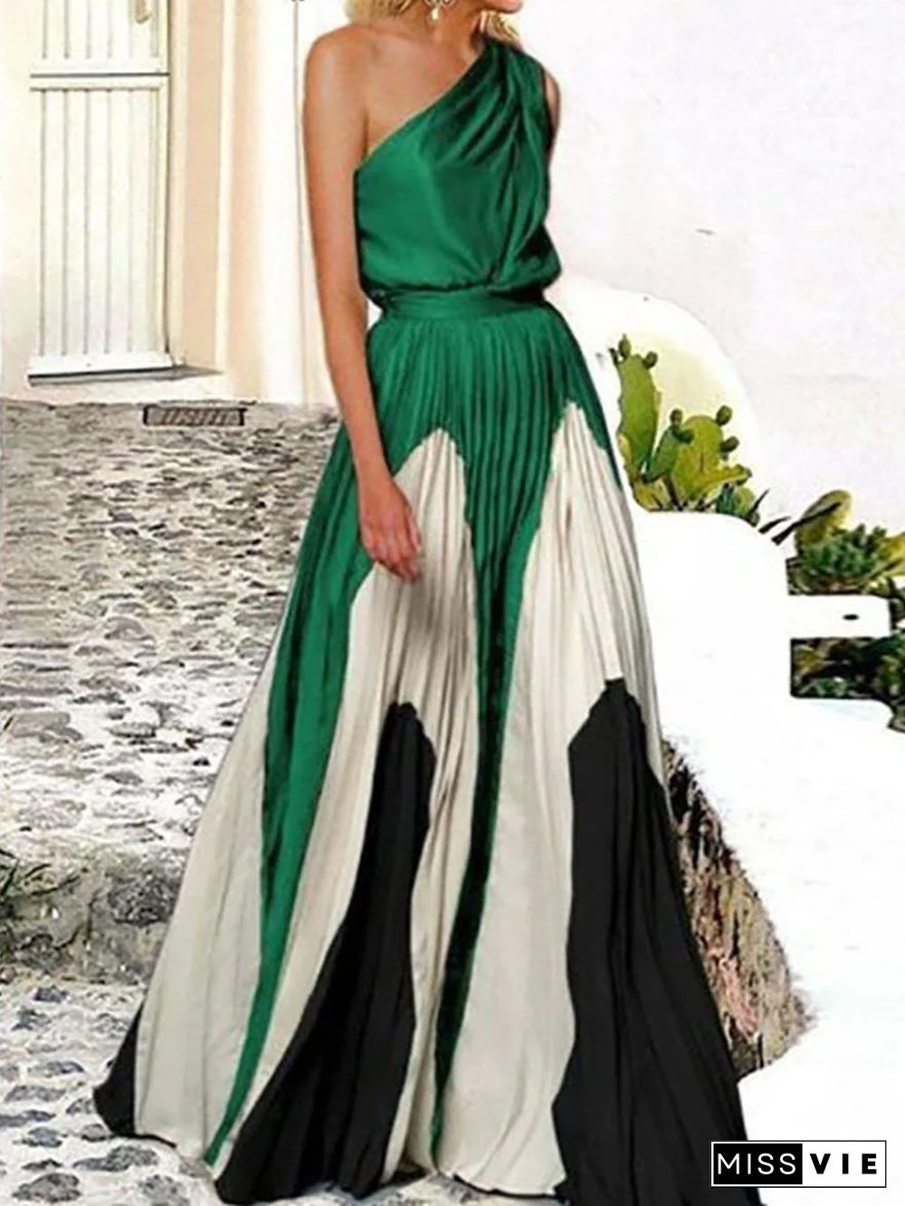 Elegant One Shoulder Colorblock A Line Prom Dress
