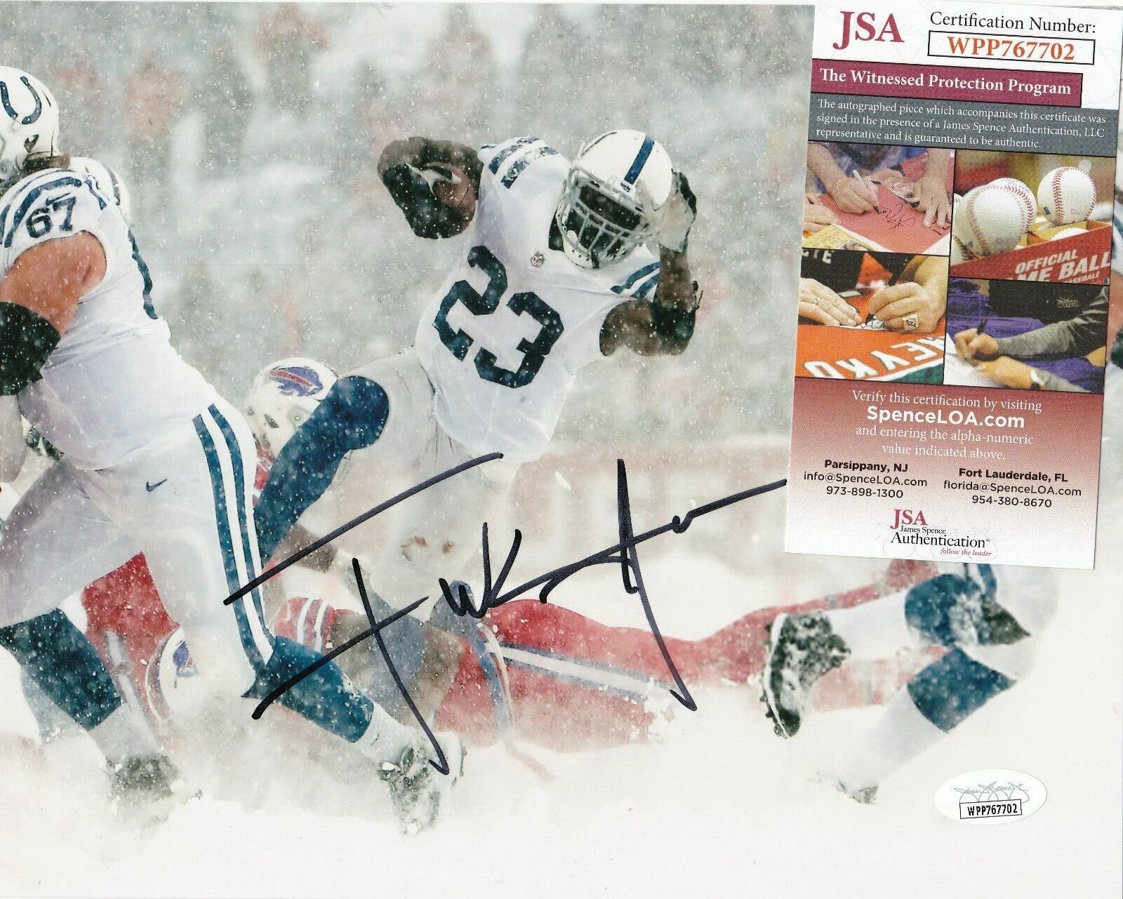 FRANK GORE INDIANAPOLIS COLTS JSA AUTHENTICATED ACTION SIGNED 8X10