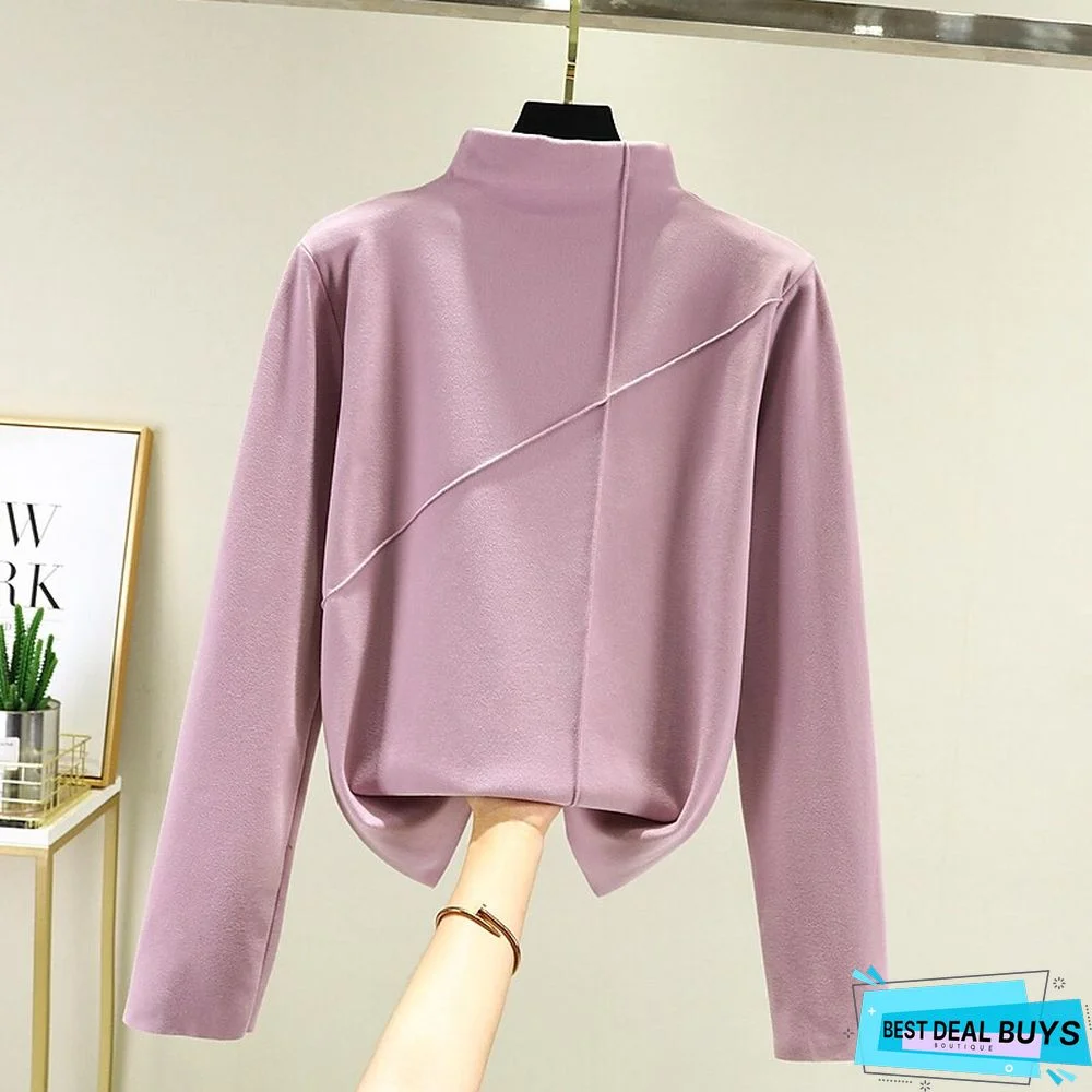 Women's T shirt Tee Light Pink dark brown A Plain Long Sleeve Daily Basic High Neck Regular Fleece lined XXL (recommended 140-160 catties)