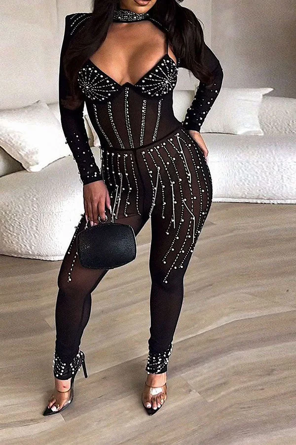 Rhinestone & Beaded Decor Party See-Through Jumpsuit