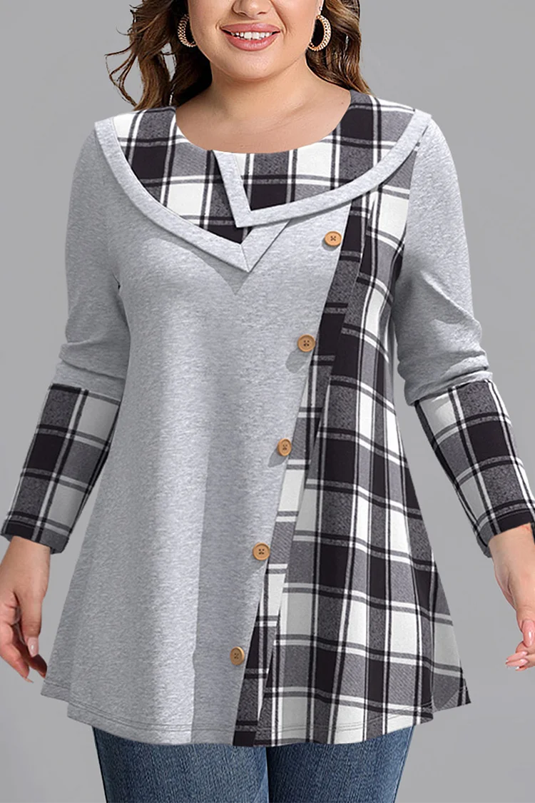 Flycurvy Plus Size Casual Red Puritan Plaid Print Stitching Single Breasted Blouse  Flycurvy [product_label]