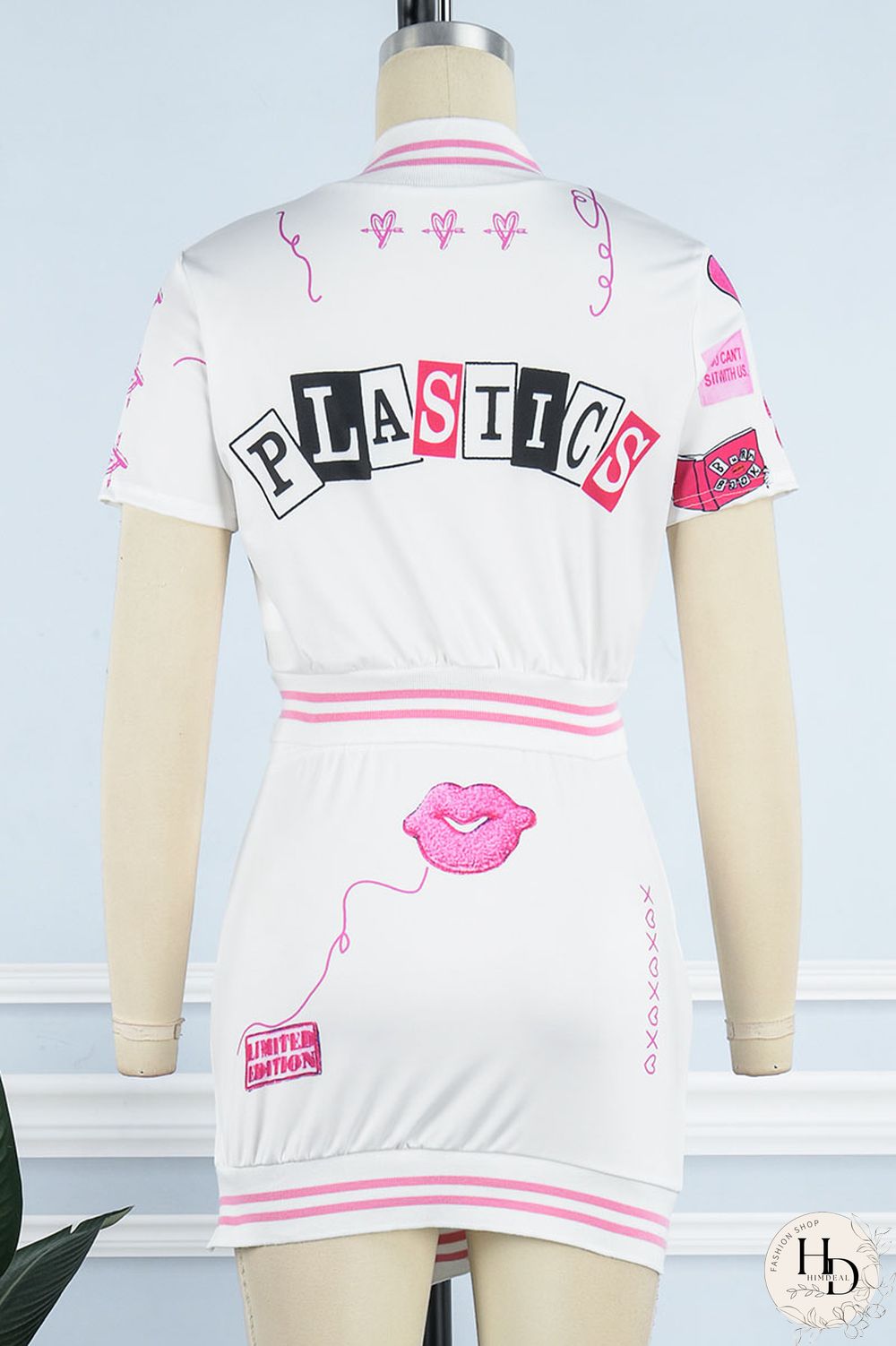 Black Sexy Print Patchwork Buckle Slit Short Sleeve Two Pieces