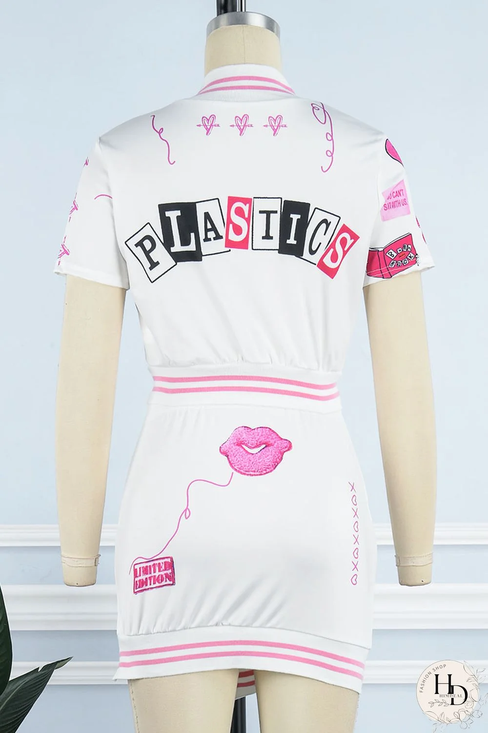 Black Sexy Print Patchwork Buckle Slit Short Sleeve Two Pieces