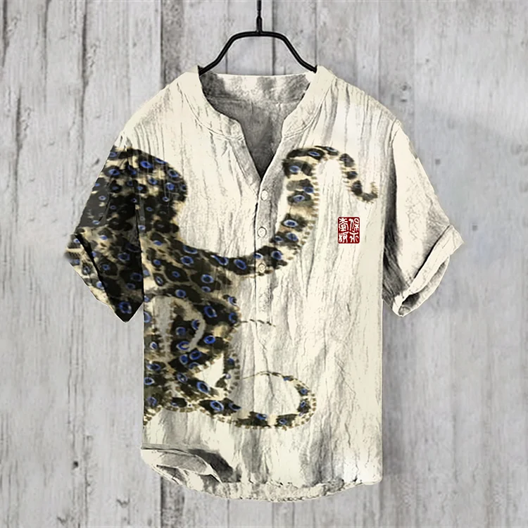 Japanese Art Blue-Ringed Octopus Graphic Linen V-Neck Shirt