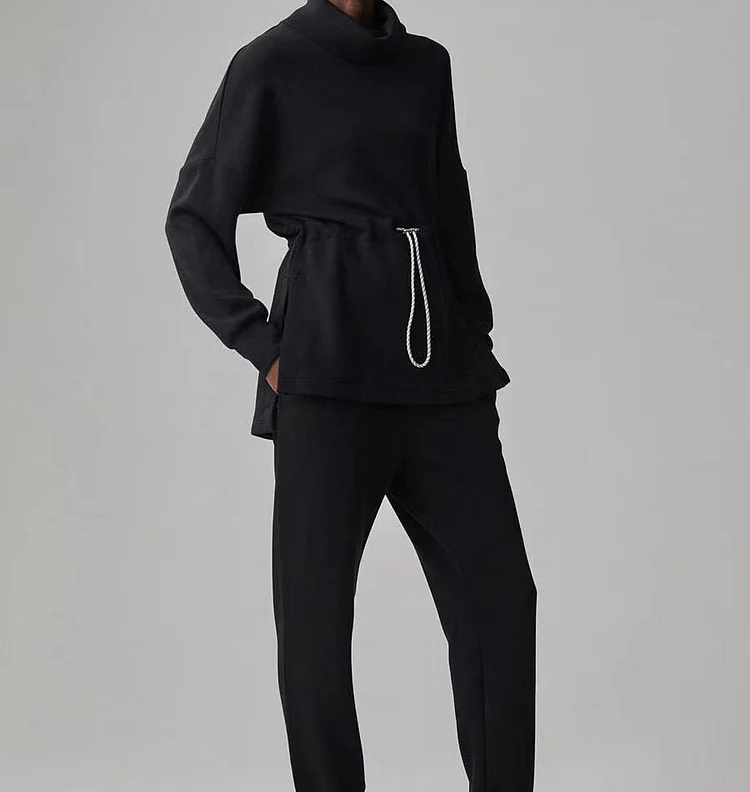 Turtleneck Drawstring Waist Slit Casual Suit