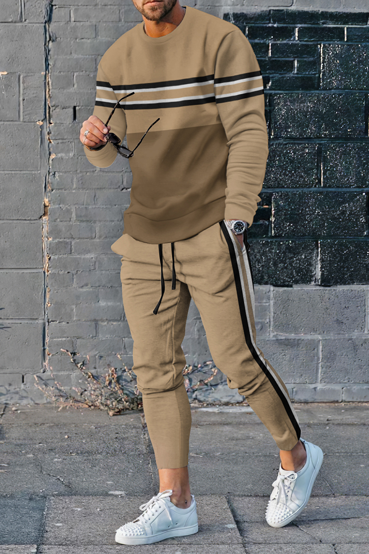 Casual Fashion Khaki Stripes Tracksuit Two Piece Set