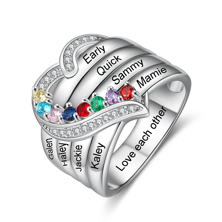 S925 Silver Personalized Mother Ring with 8 Birthstones Heart Family Ring