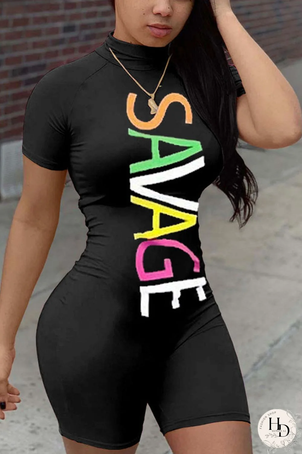 Black Casual letter Short Sleeve Jumpsuits