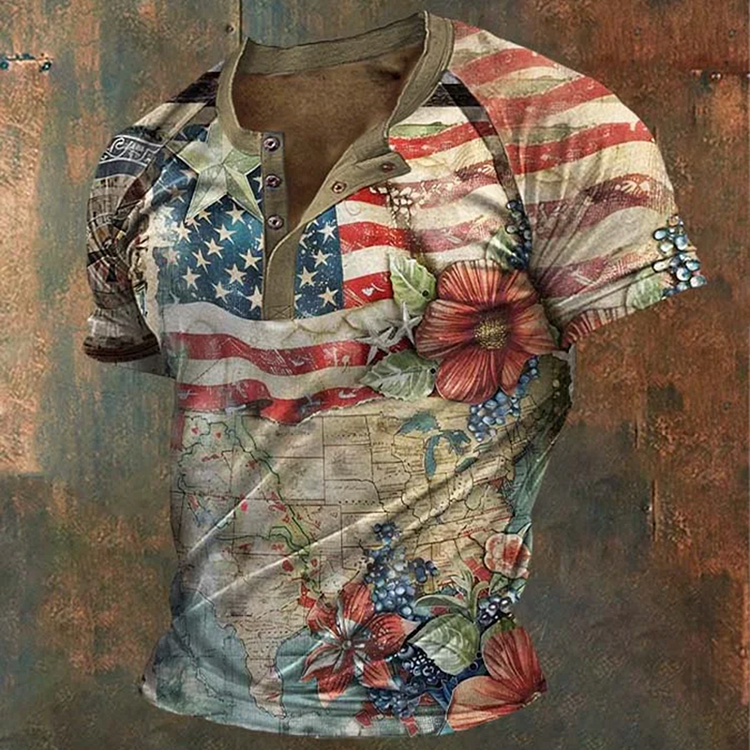 Comstylish Men's Vintage Independence Day American Flag Print Buttons Neck Top