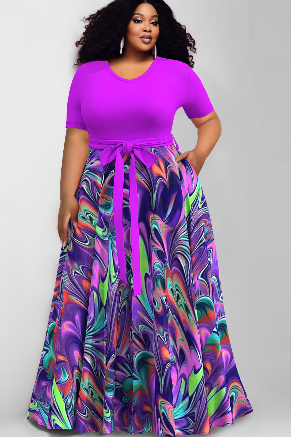 Design Plus Size Casual Purple Print V Neck Short Sleeve Pocket Wrap Maxi Dress [Pre-Order]