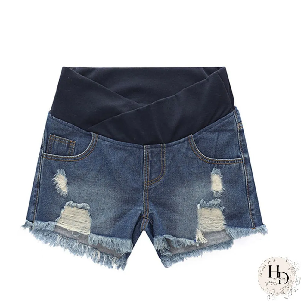 Pregnancy Women's Ripped Denim Shorts Summer Maternity Shorts Pregnant Loose Belly Elastic Jeans