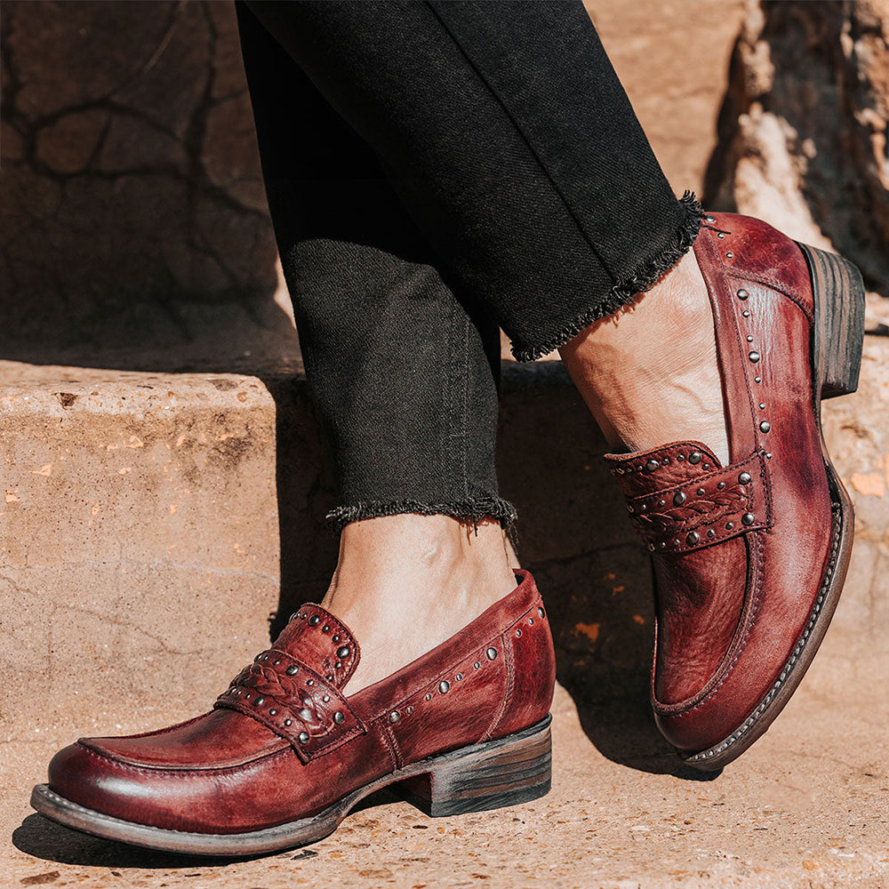 Maroon Distressed Slip-On Studded Low Heeled Loafers Women Nicepairs