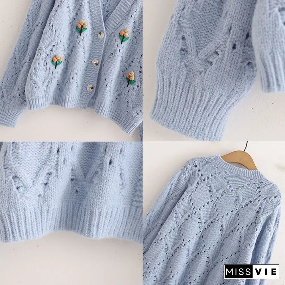 3D Blossom Decor Hollow Out V-neck Cardigan Sweater