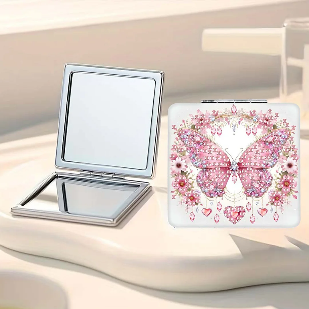 Pink Butterfly DIY Special Shaped Diamond Painting Compact Mirror Kits Diamond Art Painting Pocket Mirror for Beginners Adults Art Craft Woman Gifts