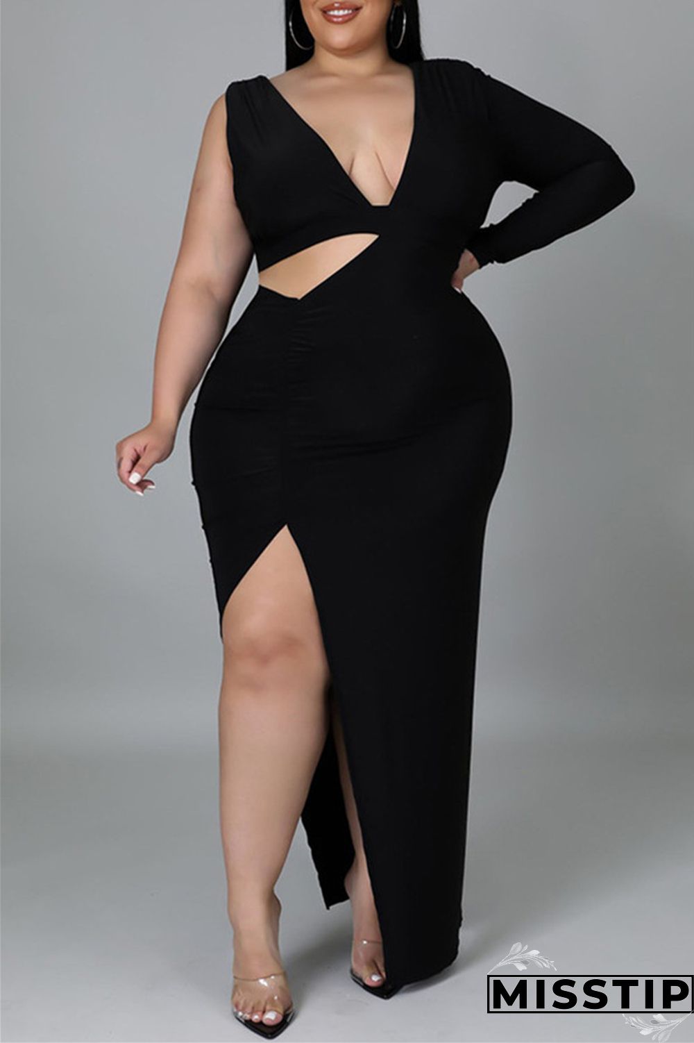 Black Fashion Casual Solid Hollowed Out Slit V Neck Long Sleeve Plus Size Dresses