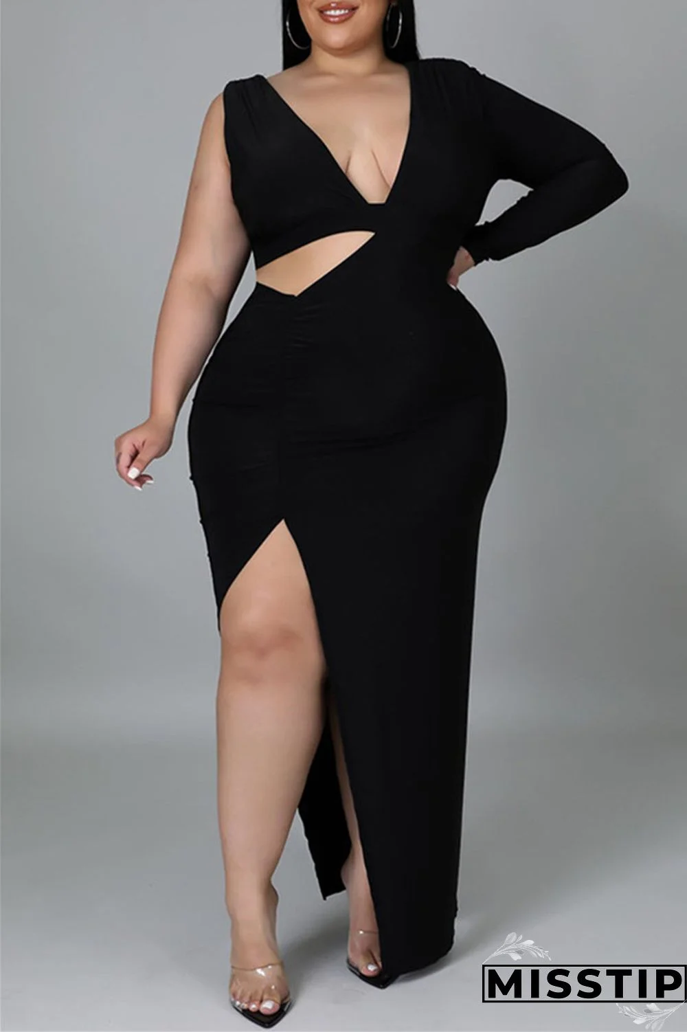 Black Fashion Casual Solid Hollowed Out Slit V Neck Long Sleeve Plus Size Dresses