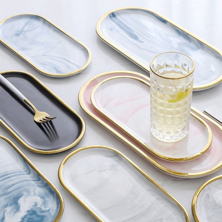 Gold Rim Marble Oval Tray