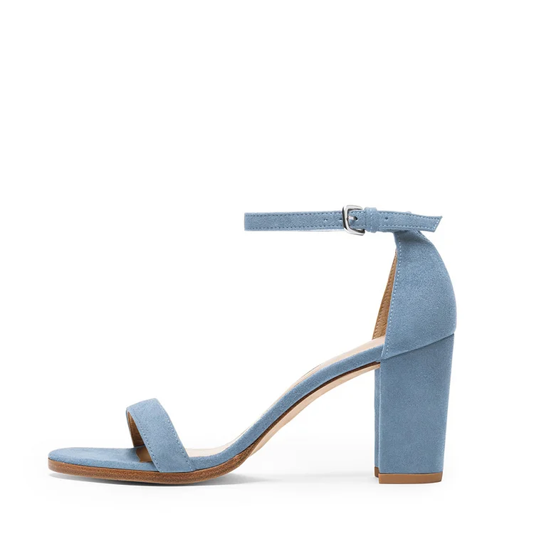 Light Blue Suede Chunky Heel Ankle Strap Sandals with Open Toe Vdcoo