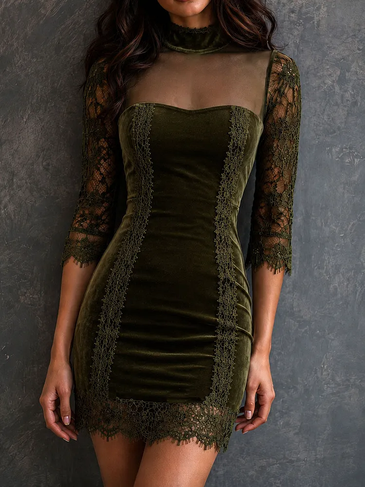 Retro Olive Velvet Mesh High Neck Lace Panel Mini Dress