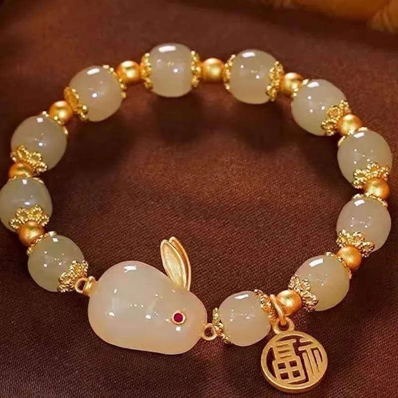 Acacia bean jade rabbit bracelet female ins tide zodiac next year chalcedony rabbit bracelet