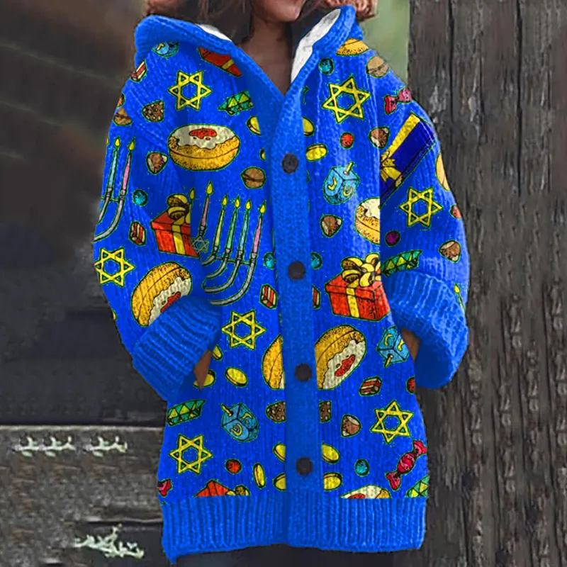 Women's Jewish Hanukkah Print Knitted Hooded Cardigan