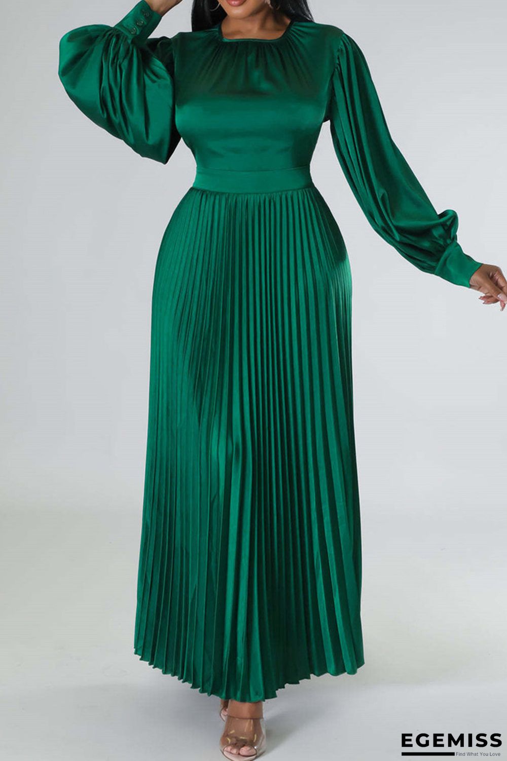 Dark Green Casual Solid Patchwork O Neck Long Sleeves Pleated Dresses (Without Belt) | EGEMISS