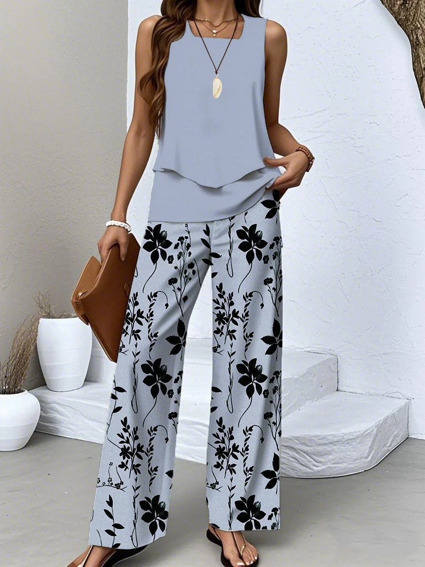 Women's Sleeveless Square Collar Floral Printed Casual Set