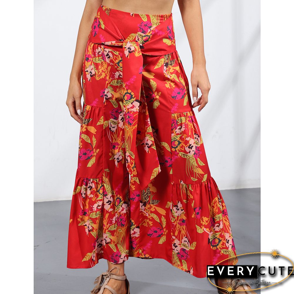 Red Digital Print Cropped Wide Leg Boho Pants with Tie