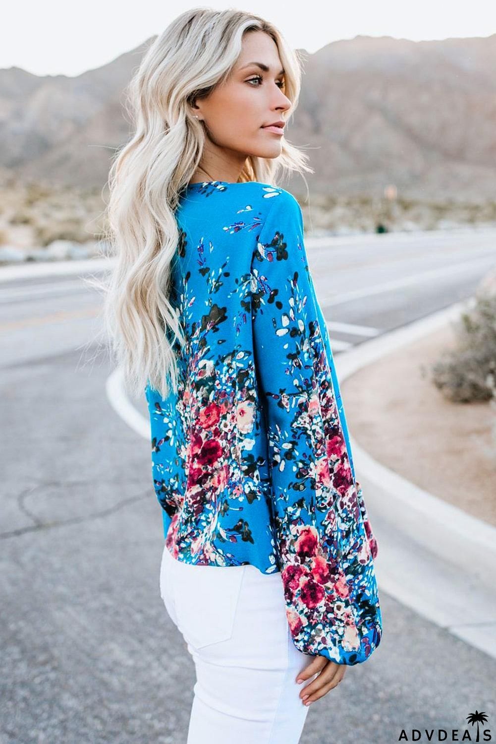 V Neck Long Sleeve Tie Front Blouse