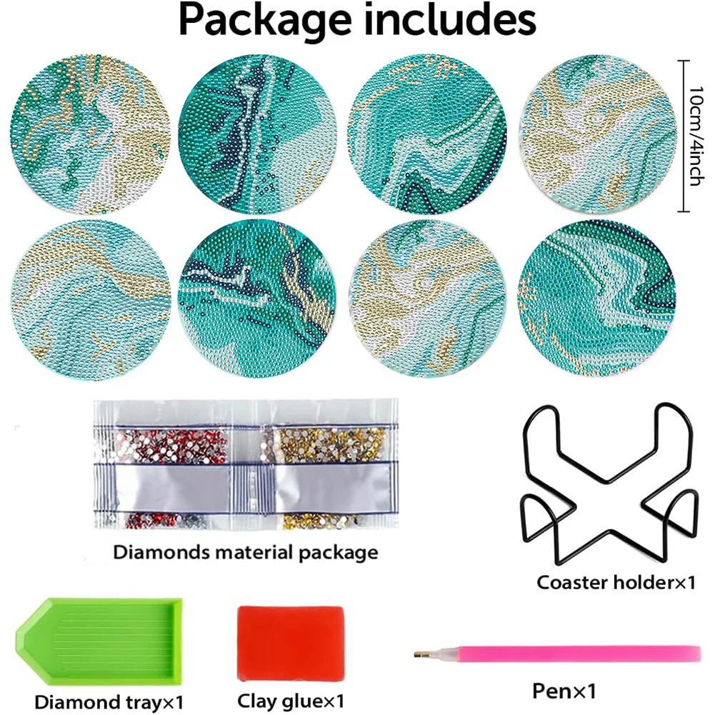 8pcs DIY Green Beach View Wooden Single Sided Diamond Painting Art Coasters Kits with Holder