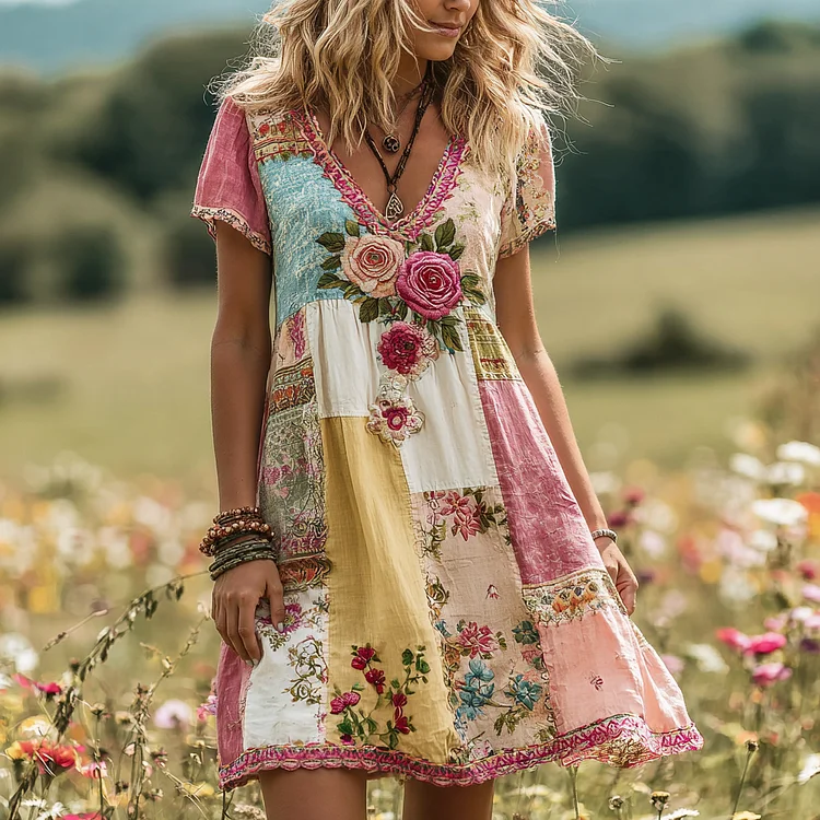 Women's Vintage Rose Floral Patch Linen Short Dress