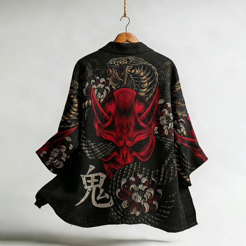 Japanese Mask & Snake Pattern Art Print Linen-blend Kimono  artssus