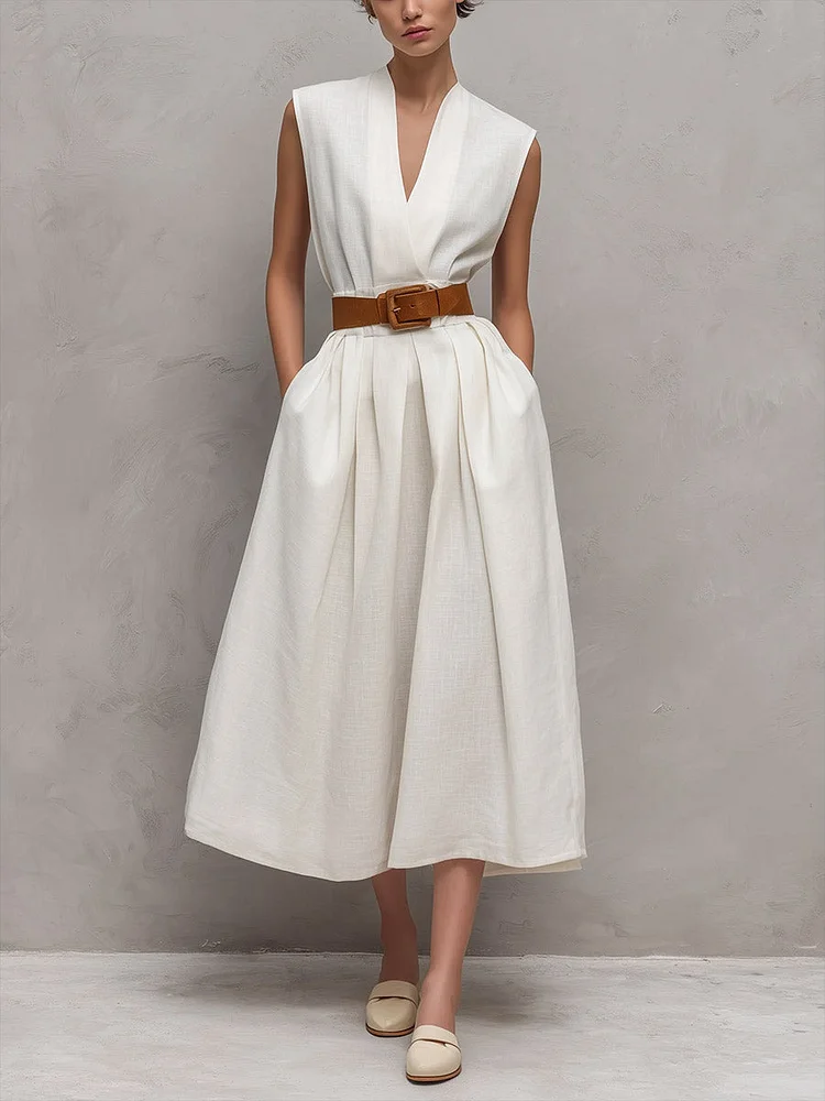 Women's V-neck Sleeveless Casual Loose Cotton Dress